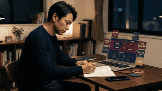 夜の室内でノートにペンを走らせる男性と、無料体験や支払い方法の情報を表示したノートパソコン。
