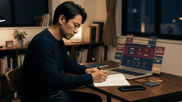 夜の室内でノートにペンを走らせる男性と、無料体験や支払い方法の情報を表示したノートパソコン。