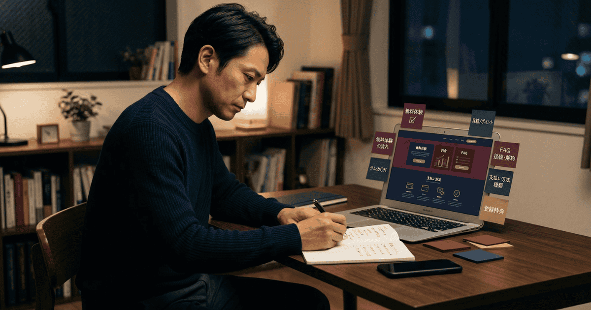 夜の室内でノートにペンを走らせる男性と、無料体験や支払い方法の情報を表示したノートパソコン。