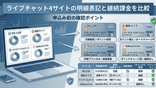 ライブチャット4サイト（DX LIVE、感熟ライブ、カリビアンコムガール、Sakura Live）のクレジットカード明細表記と継続課金設定の比較図解