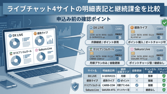 ライブチャット4サイト（DX LIVE、感熟ライブ、カリビアンコムガール、Sakura Live）のクレジットカード明細表記と継続課金設定の比較図解