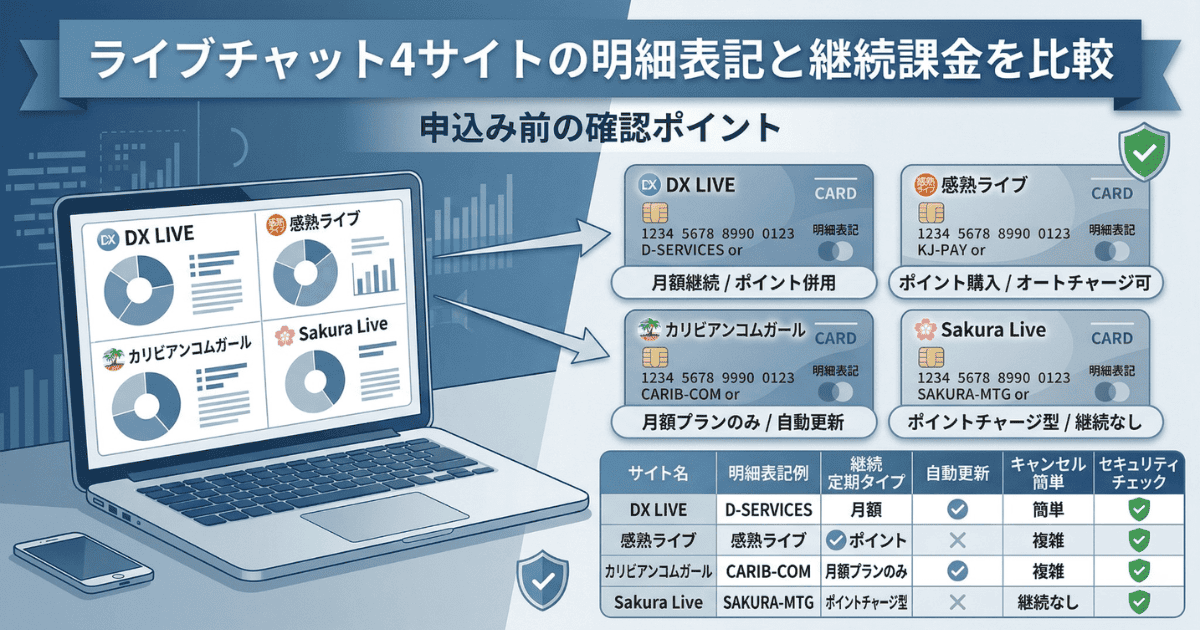ライブチャット4サイト（DX LIVE、感熟ライブ、カリビアンコムガール、Sakura Live）のクレジットカード明細表記と継続課金設定の比較図解