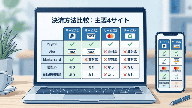 ノートパソコンとスマートフォンの画面に表示された、主要4サイトの決済方法比較表