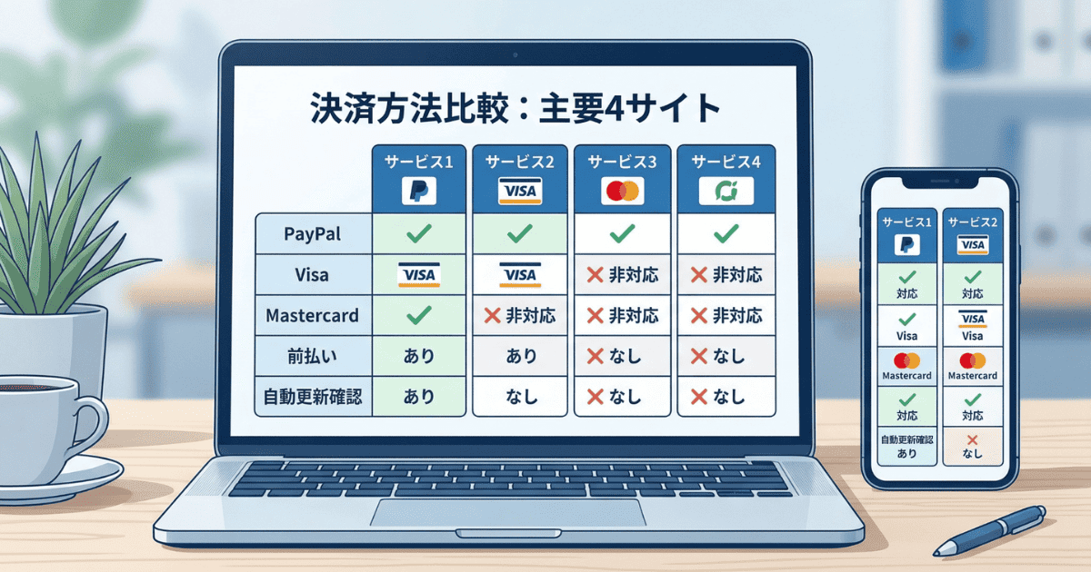 ノートパソコンとスマートフォンの画面に表示された、主要4サイトの決済方法比較表