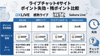 ライブチャット4サイト（DXLIVE、感熱ライブ、カリビアンコムガール、Sakura Live）のポイント失効・残ポイント比較表