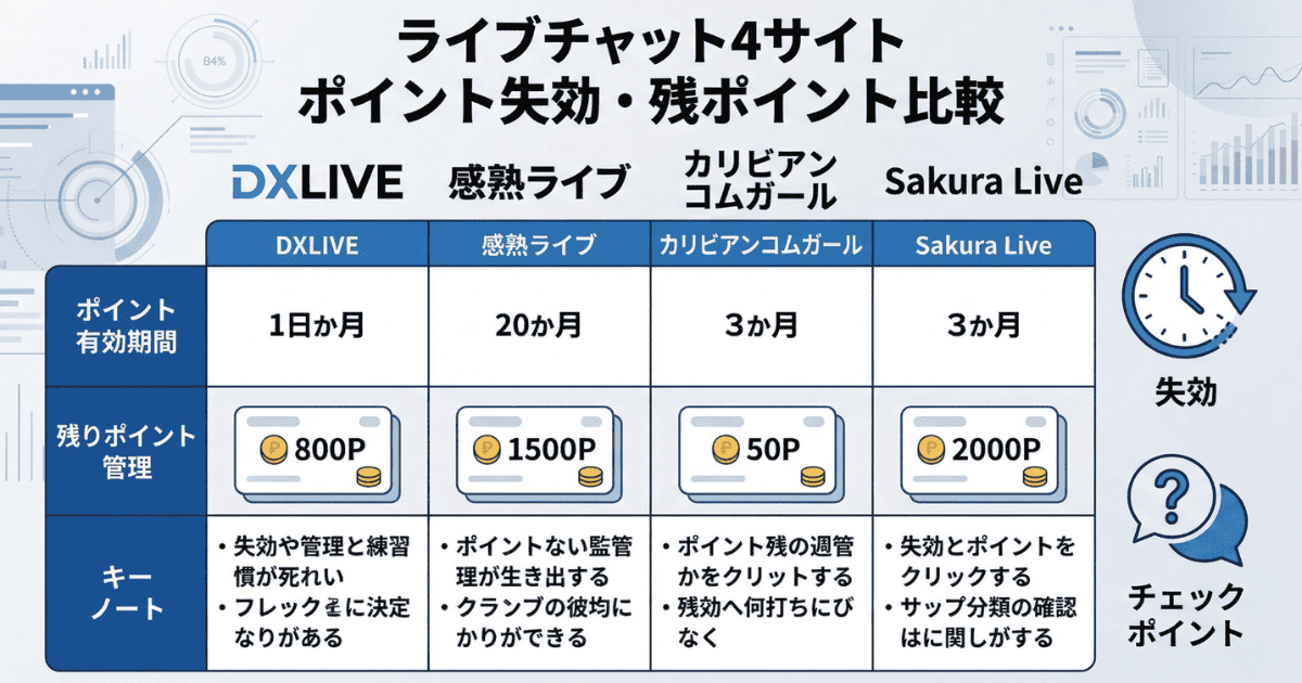 ライブチャット4サイト（DXLIVE、感熱ライブ、カリビアンコムガール、Sakura Live）のポイント失効・残ポイント比較表