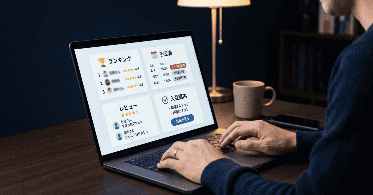 デスクでノートパソコンを操作する男性の手元。画面にはランキング、予定表、レビュー、入会案内が表示されている。