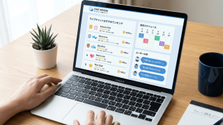 デスク上のMacBook Airでライブチャット比較サイトを閲覧する様子