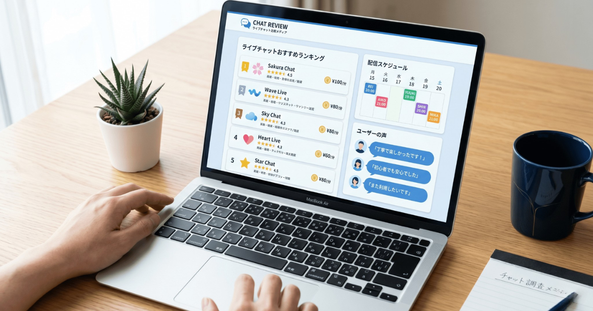 デスク上のMacBook Airでライブチャット比較サイトを閲覧する様子
