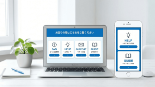 ノートパソコンとスマートフォンに表示されたヘルプ・サポート情報のメニュー画面