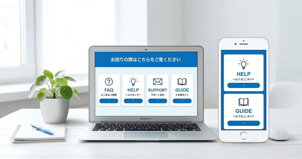 ノートパソコンとスマートフォンに表示されたヘルプ・サポート情報のメニュー画面