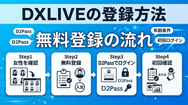 "DXLIVEの無料登録手順（女性確認、無料登録、D2Passログイン、初回確認）を解説する4ステップの図解