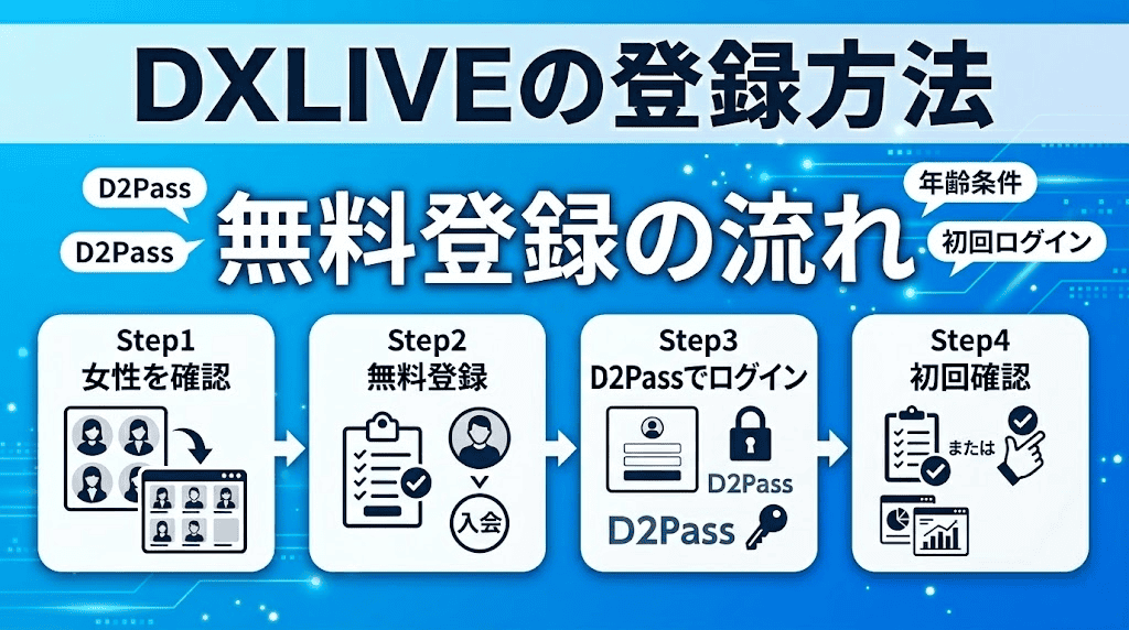 "DXLIVEの無料登録手順（女性確認、無料登録、D2Passログイン、初回確認）を解説する4ステップの図解